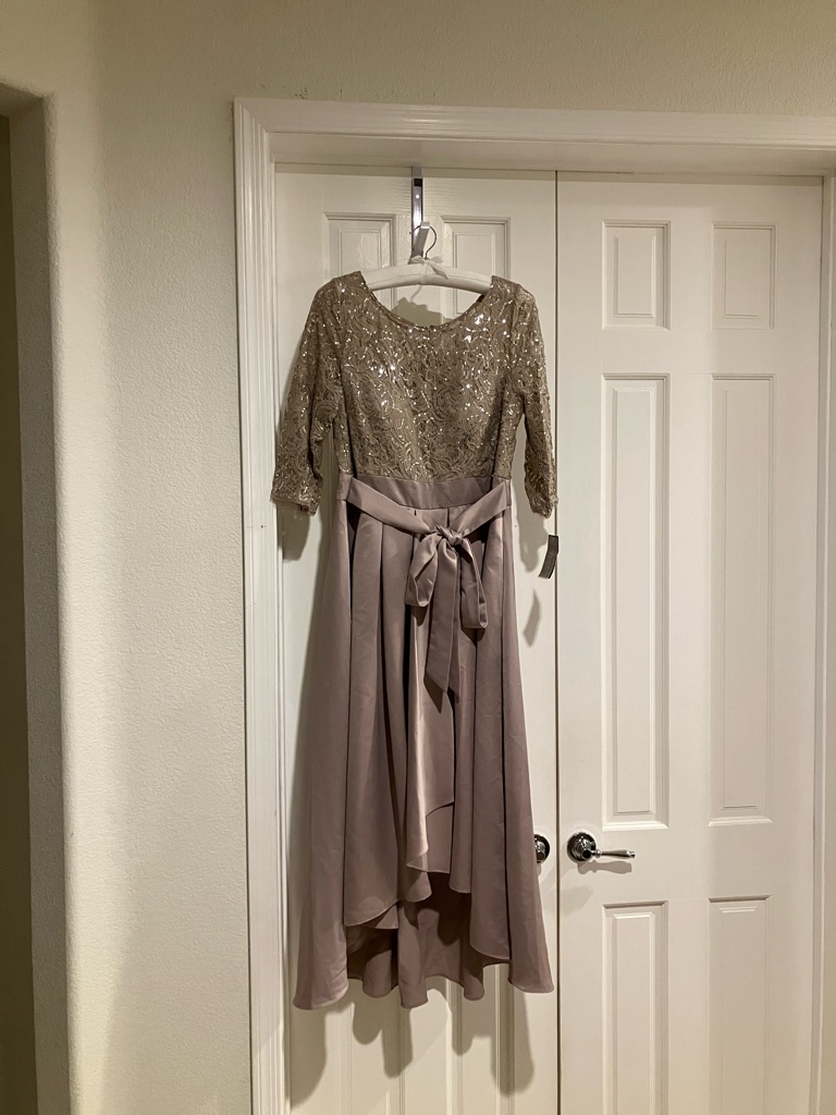 Sequin Lace Party Dress With Satin Skirt & Ribbon Belt, 14, Buff